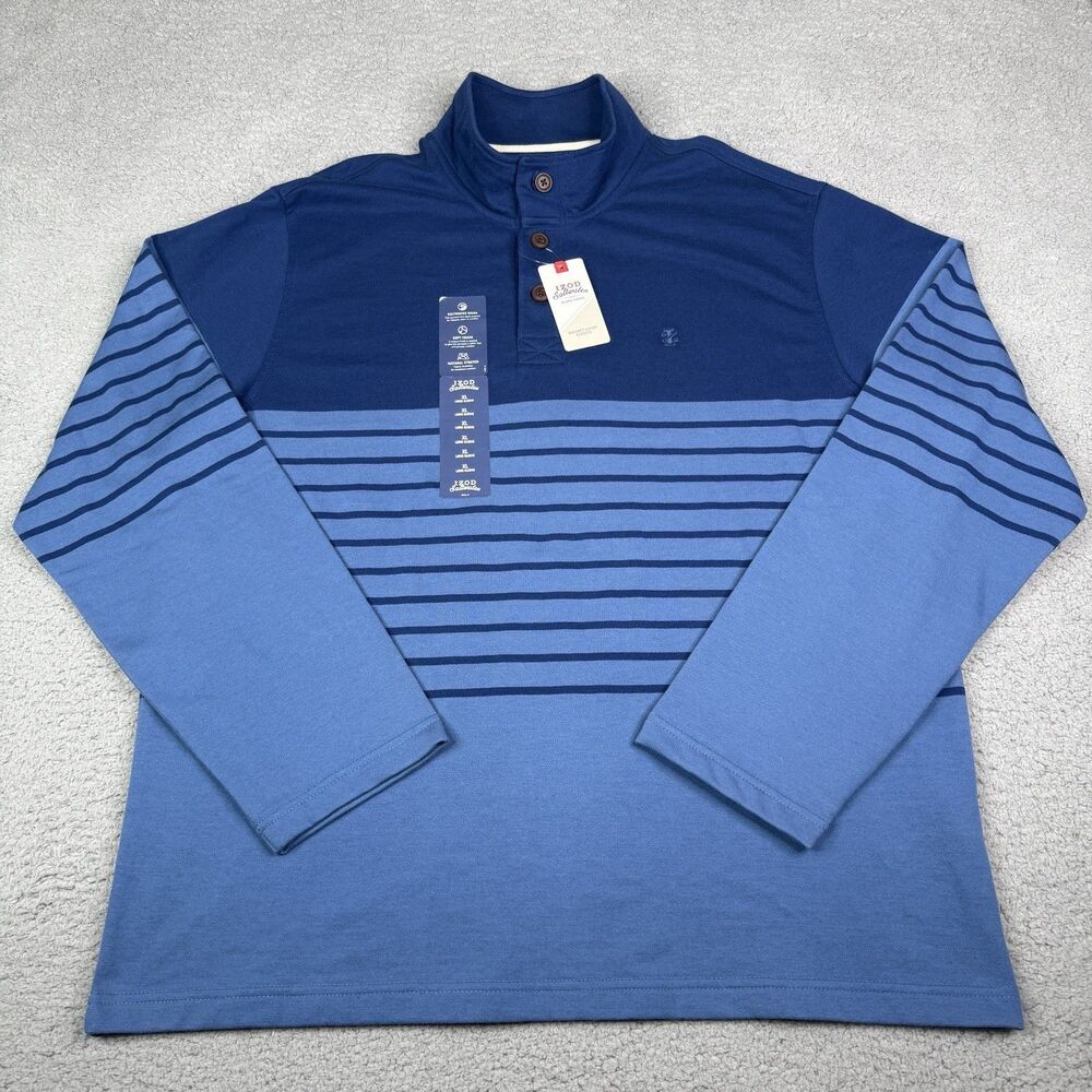 IZOD Saltwater Shirt Mens XL Blue Stripe Nauset Light Fleece Henley Pullover NWT - Picture 1 of 10